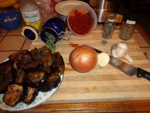 mint, salje, rosemary, thyme, fried eggplant, onion, garlic