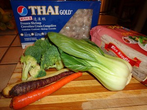 carrots, broccoli, shrimp, rice noodle, bok choy